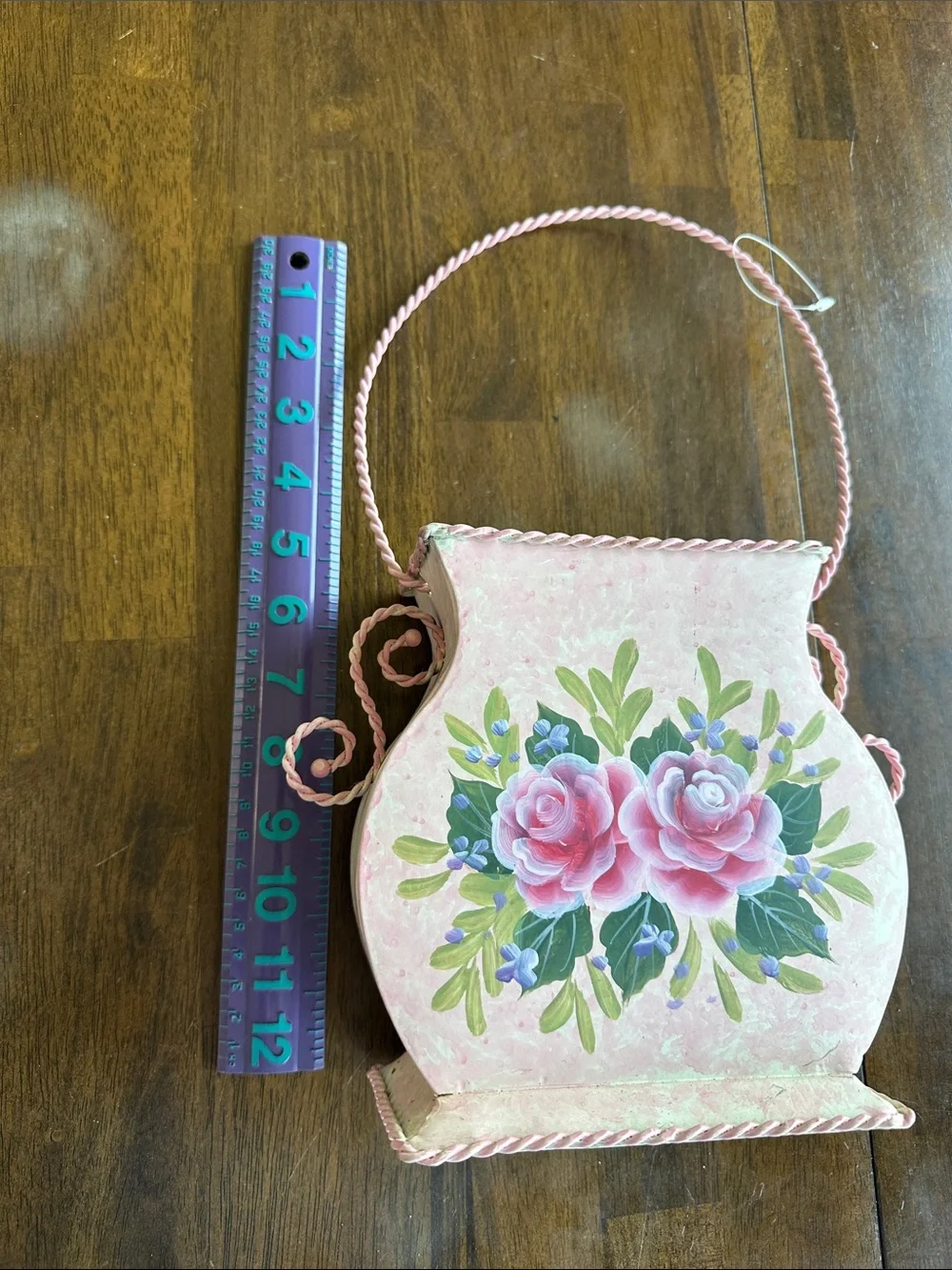 Pink Floral Hand-Painted Decorative Metal Vase Accent